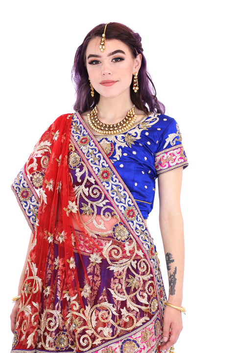 Grand Royal Blue And Red Indian Bridal Wedding Lehenga - SNT11061