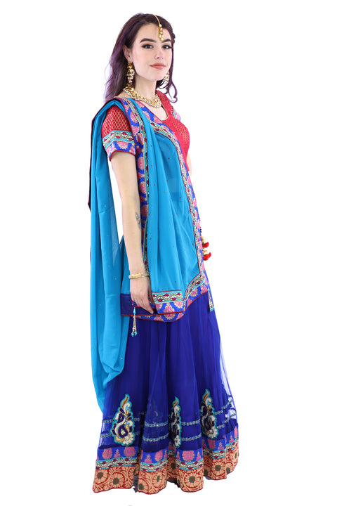 Red Blue and Turquoise Lehenga