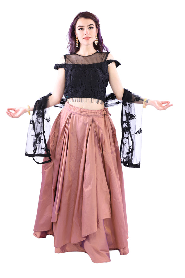 Modern Layered Black and Dusty Rose Crop Top and Skirt Lehenga - SNT11059
