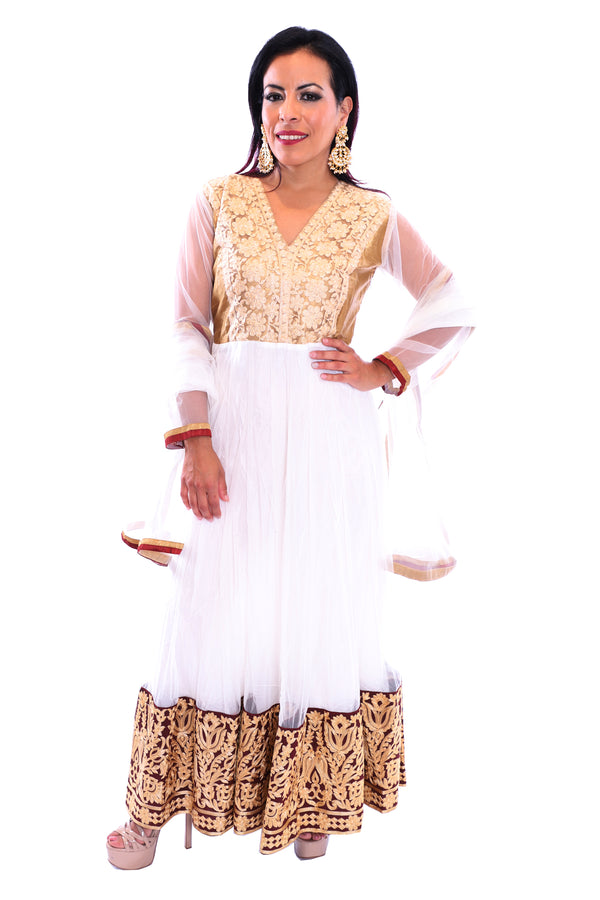 Calm and Tranquil White and Gold Long Anarkali - 9204