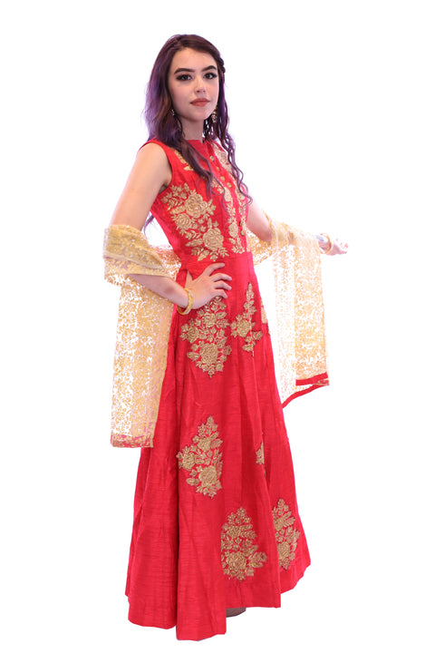 Coral Anarkali with Gold Embroidery
