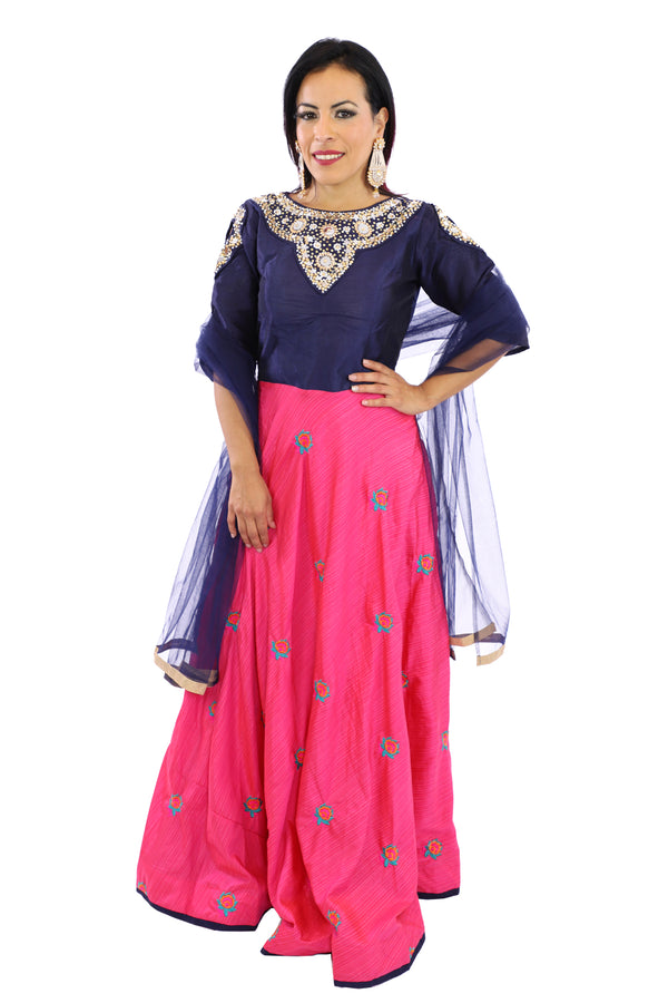 Classy and Chic Navy Blue and Pink Long Anarkali - 9209