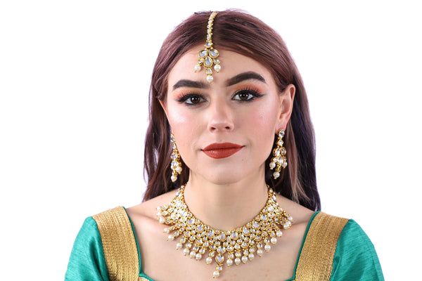 Gold Kundan Pearl Choker Necklace Set with Earrings and Tika - 0955