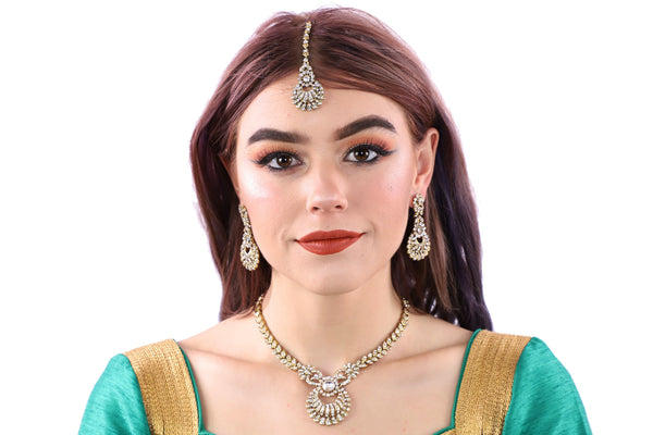 Simplistically Stunning Light Gold Necklace Set with Earrings and Tika - 0958