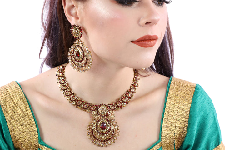 Royal Red and Gold Necklace Set with Earrings and Tika - 0994