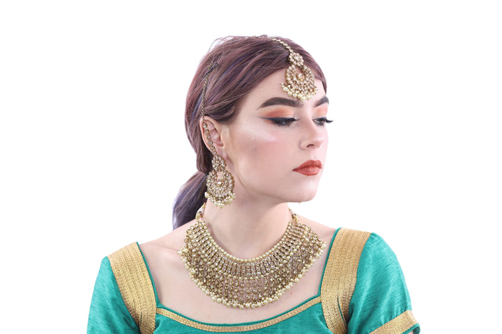 Aphrodite Gold Bridal Necklace Set with Earrings and Tika - 1029