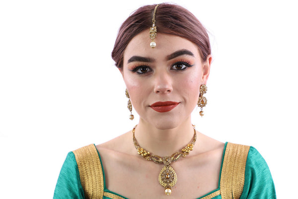 Dare to be Bold in Gold Necklace Set with Earrings and Tika - 1042