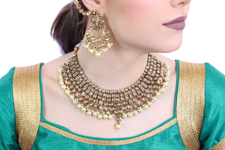 Dazzling Gold Necklace Set with Earrings - 1106