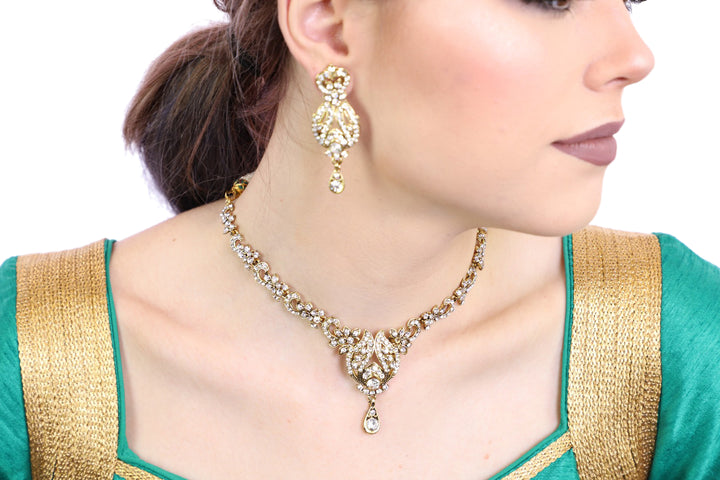 Glimmering Gold and Diamond Necklace Set with Earrings - 1108