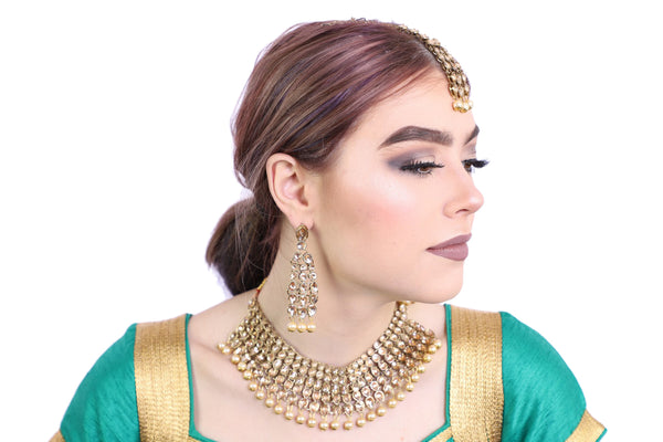 Gorgeous Gold Bridal Necklace Set with Earrings and Tika - 1118