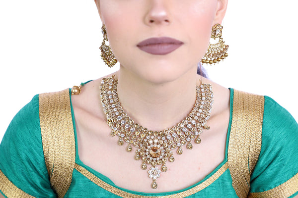 Brilliant Gold Necklace Set with Earrings - 1140