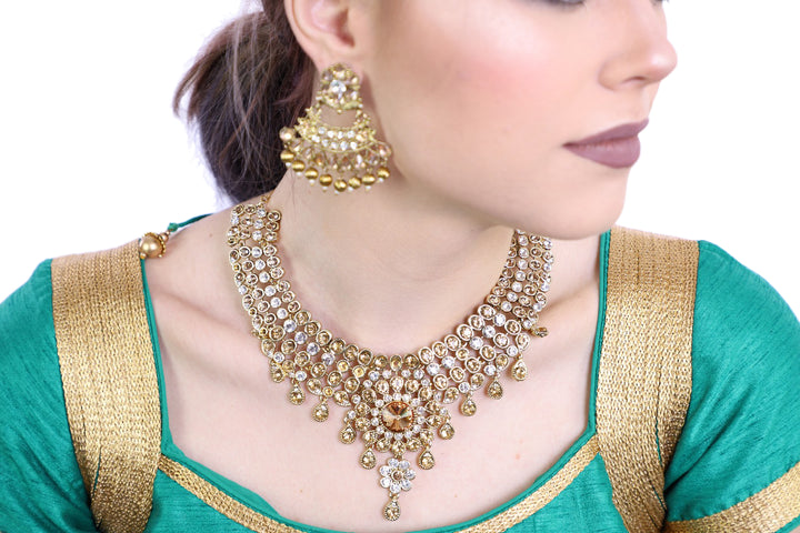 Brilliant Gold Necklace Set with Earrings - 1140