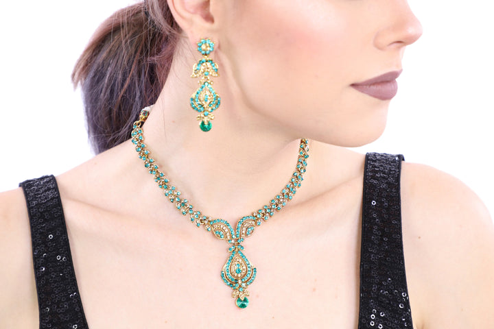 Terrifically Turquoise Gold Necklace Set with Earrings - 1158
