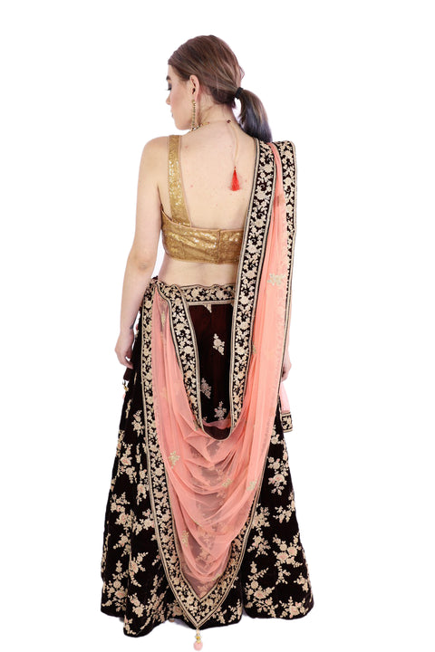 Purple Gold and Pink Lehenga Velvet