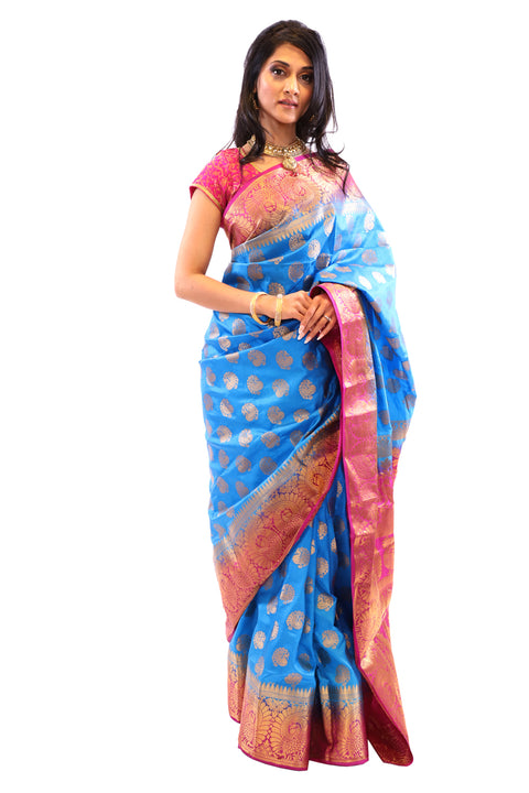 Ocean Blue and Pink Silk Sari-SS04