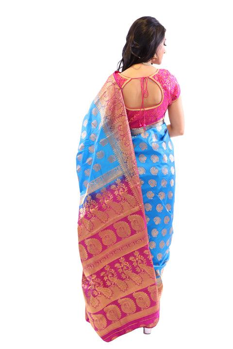 Ocean Blue and Pink Silk Sari-SS04