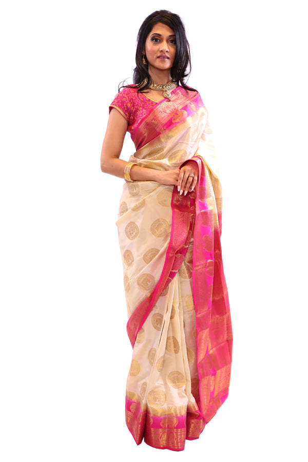 Pearl White and Pink Silk Sari-SS05