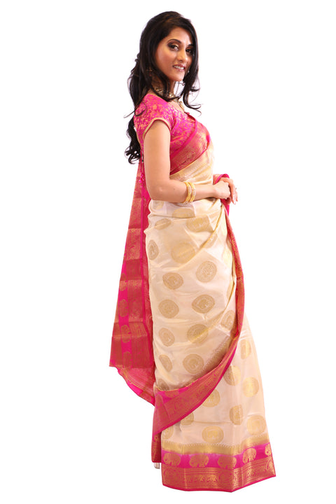 Pearl White and Pink Silk Sari-SS05