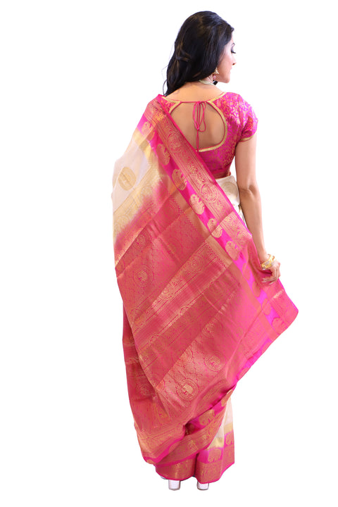 Pearl White and Pink Silk Sari-SS05