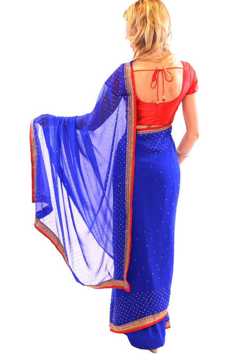 Mesmerizing Royal Blue with Gold Embroidered Pre-Pleated Ready-Made Sari-SNT10040