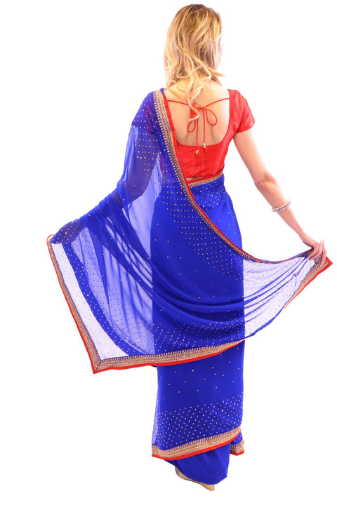 Mesmerizing Royal Blue with Gold Embroidered Pre-Pleated Ready-Made Sari-SNT10040