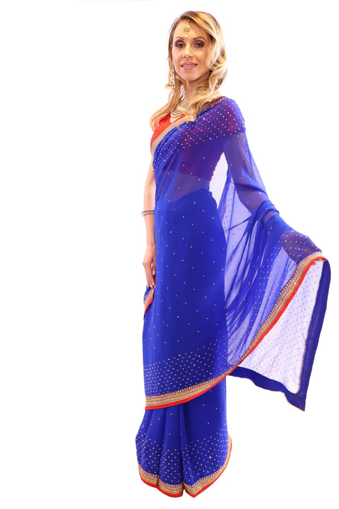 Mesmerizing Royal Blue with Gold Embroidered Pre-Pleated Ready-Made Sari-SNT10040