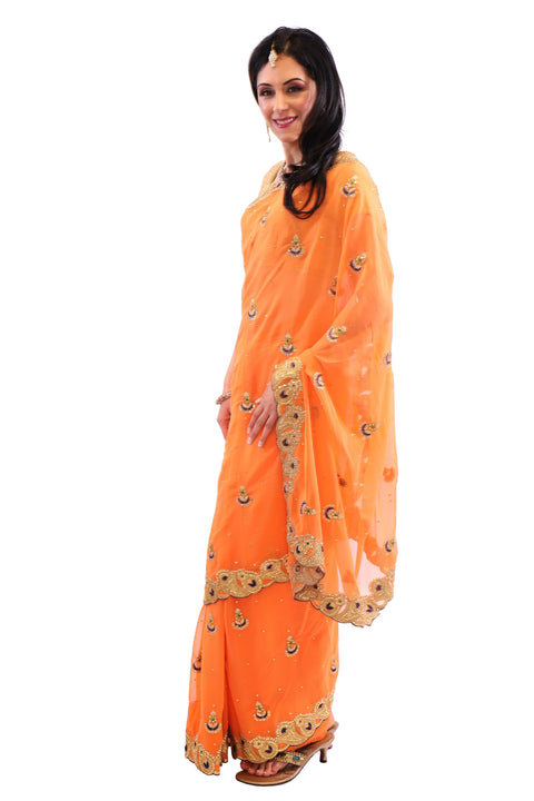 Festive Orange with Gold Embroidered Pre-Pleated Ready-Made Sari