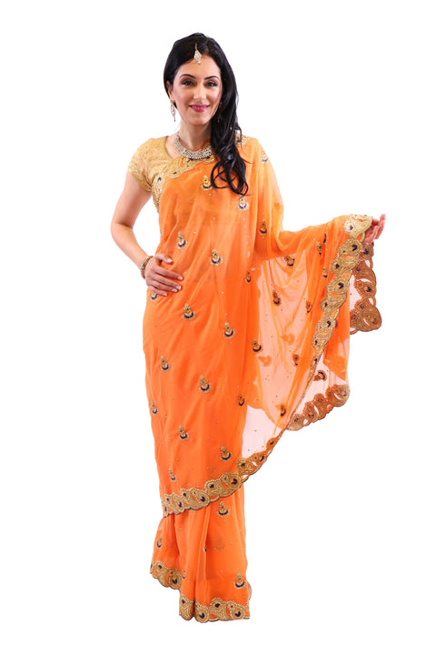 Festive Orange with Gold Embroidered Pre-Pleated Ready-Made Sari