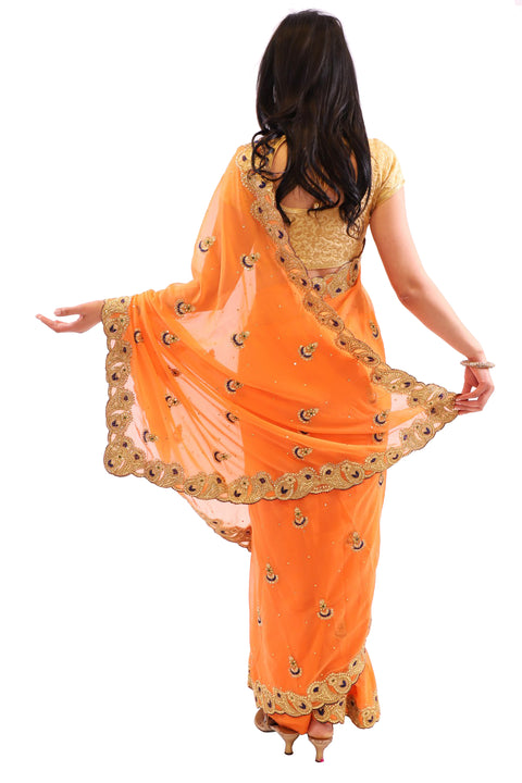 Festive Orange with Gold Embroidered Pre-Pleated Ready-Made Sari