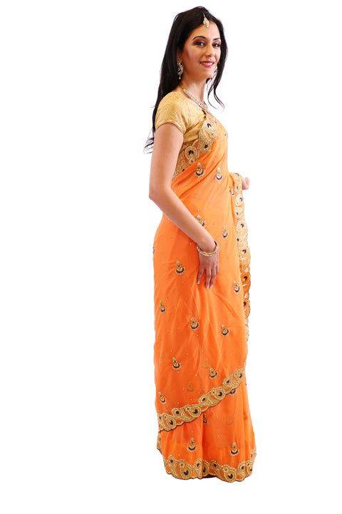 Festive Orange with Gold Embroidered Pre-Pleated Ready-Made Sari