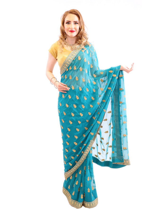 Dazzling Teal with Gold Embroidered Pre-Pleated Ready-Made Sari-SNT10041