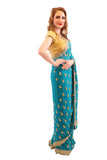 Dazzling Teal with Gold Embroidered Pre-Pleated Ready-Made Sari-SNT10041