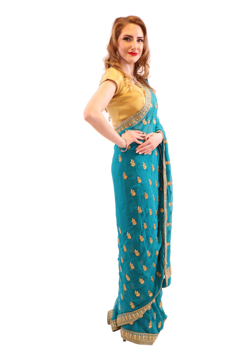 Dazzling Teal with Gold Embroidered Pre-Pleated Ready-Made Sari-SNT10041