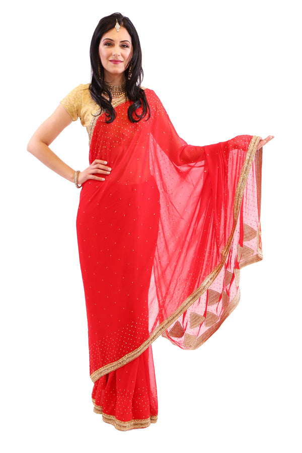 Shimmering Red with Gold Embroidered Pre-Pleated Ready-Made Sari