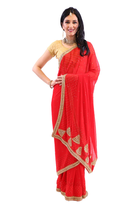 Shimmering Red with Gold Embroidered Pre-Pleated Ready-Made Sari