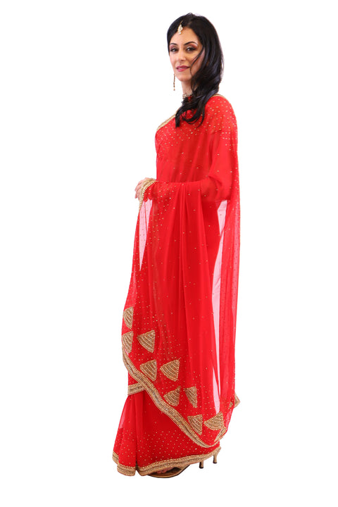 Shimmering Red with Gold Embroidered Pre-Pleated Ready-Made Sari