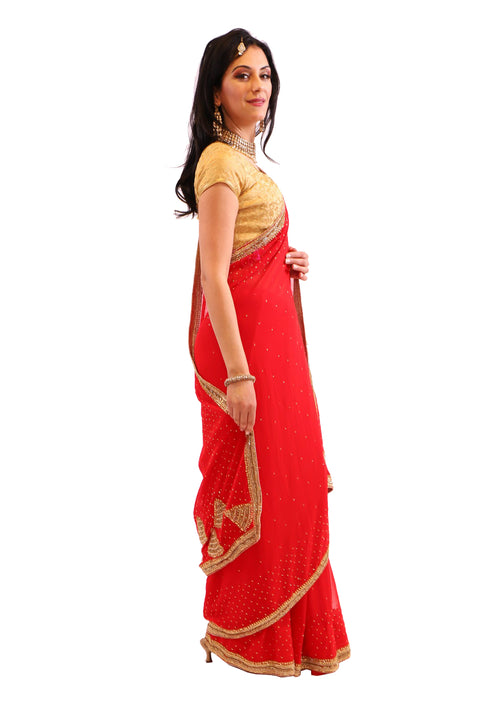 Shimmering Red with Gold Embroidered Pre-Pleated Ready-Made Sari