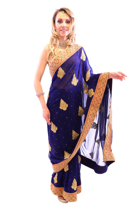 Midnight Passion Navy Blue with Gold Embroidered Pre-Pleated Ready-Made Sari-SNT10035