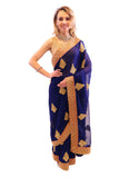 Midnight Passion Navy Blue with Gold Embroidered Pre-Pleated Ready-Made Sari-SNT10035