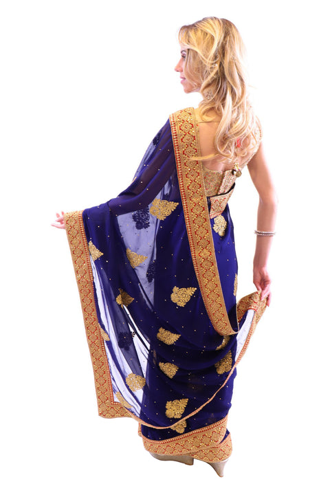 Midnight Passion Navy Blue with Gold Embroidered Pre-Pleated Ready-Made Sari-SNT10035