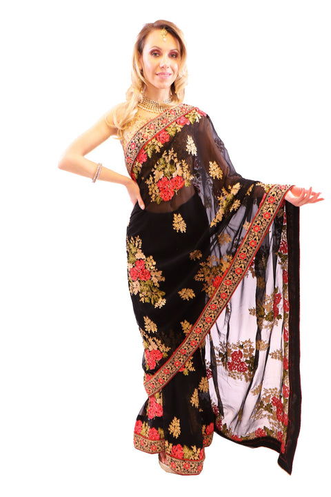 Show Stopper Black with Elegant Embroidered Pre-Pleated Ready-Made Sari-SNT10032