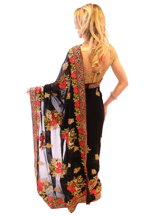 Show Stopper Black with Elegant Embroidered Pre-Pleated Ready-Made Sari-SNT10032
