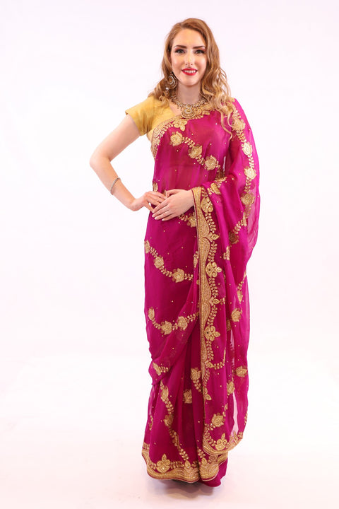 Luxurious Magenta Pink with Gold Embroidered Pre-Pleated Ready-Made Sari