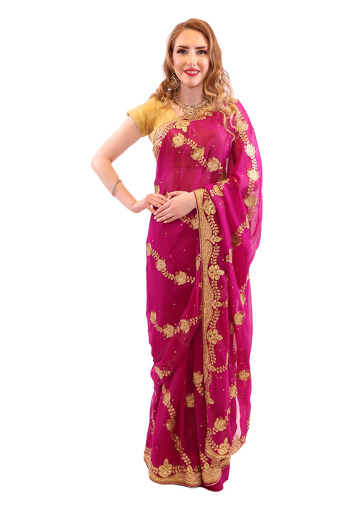 Luxurious Magenta Pink with Gold Embroidered Pre-Pleated Ready-Made Sari