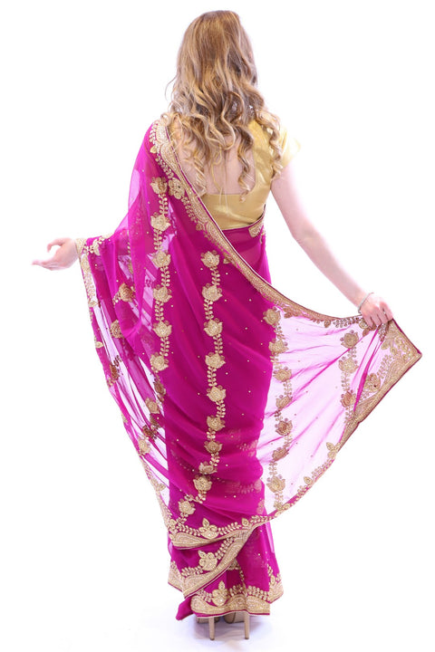 Luxurious Magenta Pink with Gold Embroidered Pre-Pleated Ready-Made Sari