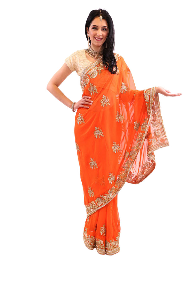 Electric Orange with Gold Embroidered Pre-Pleated Ready-Made Sari