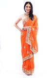 Electric Orange with Gold Embroidered Pre-Pleated Ready-Made Sari