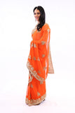 Electric Orange with Gold Embroidered Pre-Pleated Ready-Made Sari