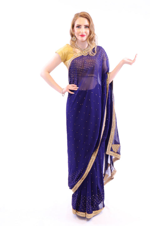 Classy & Chic Navy Blue with Gold Embroidered Pre-Pleated Ready-Made Sari-SNT10028