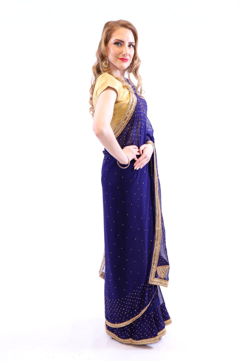 Classy & Chic Navy Blue with Gold Embroidered Pre-Pleated Ready-Made Sari-SNT10028